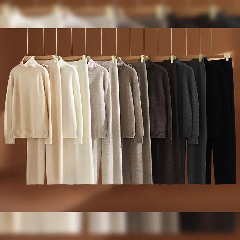 CHICUU Women's 100% Wool Sweater Pants Set Thick Mock Neck Pullover Wide Leg Pants Autumn Winter Warm Casual Wool Knitwear Suit