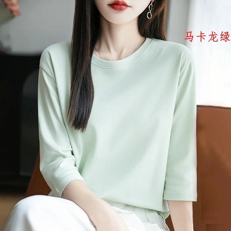 Spring And Summer New White Mercerized Cotton Short Sleeve T-Shirt Feminine Joker Cotton Cropped Sleeve Bottoming Shirt