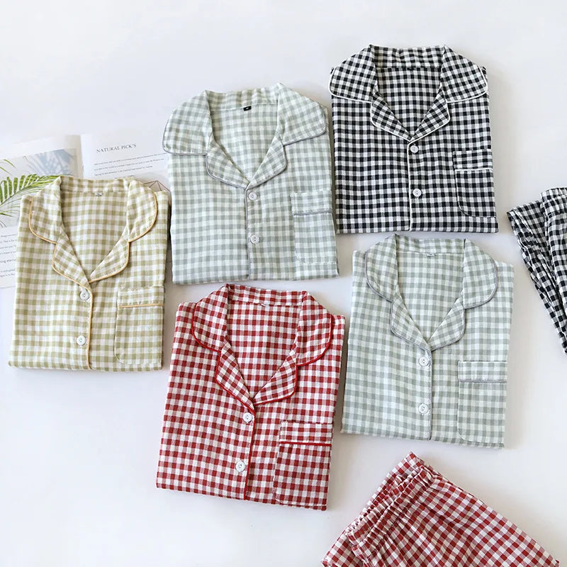 2026 Spring/Summer Couple Pajama Set 100% Cotton Double Layer Gauze Men's and Women's Japanese Plaid Set Long sleeved Home Fury