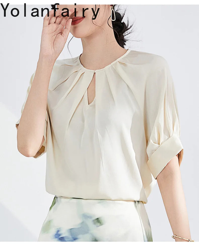 YOLANFAIRY 100% Real Mulberry Silk T Shirts for Women Summer 2026 Short Sleeve Tops O-neck Elegant Blouse Woman Tee Shirt Femme