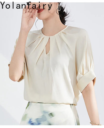 YOLANFAIRY 100% Real Mulberry Silk T Shirts for Women Summer 2026 Short Sleeve Tops O-neck Elegant Blouse Woman Tee Shirt Femme