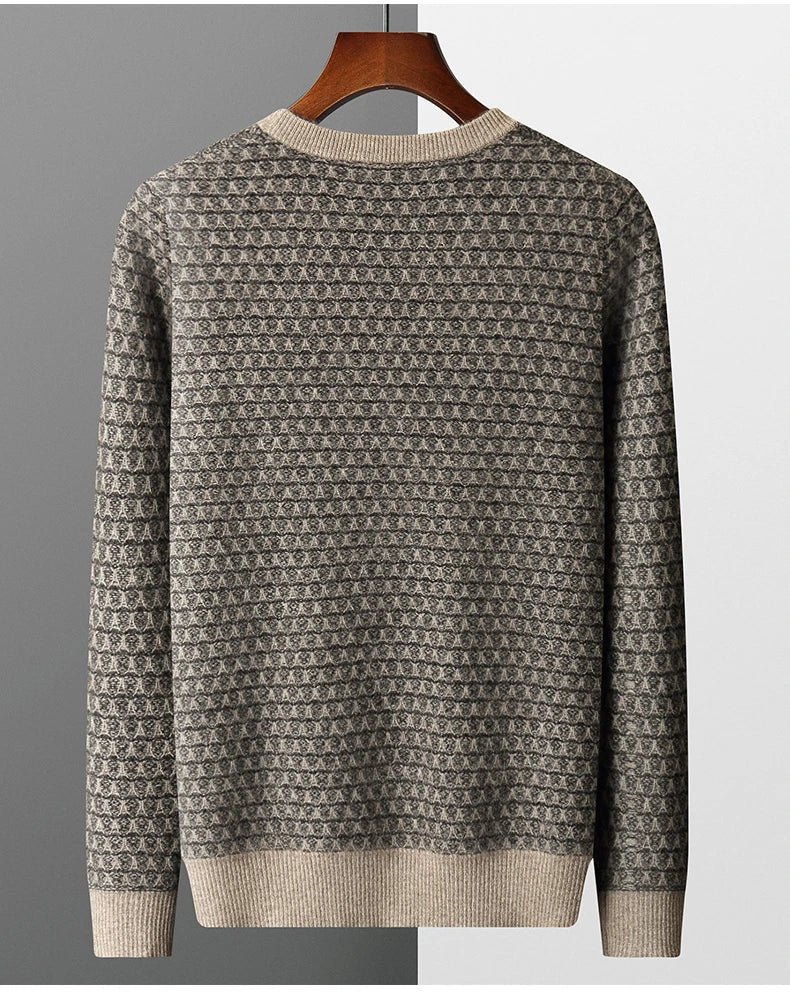 Men's Jacquard Striped 100% Pure Cashmere Pullover Sweater Autumn and Winter Thick base Sweater Casual Warm Clothing Men's Tops