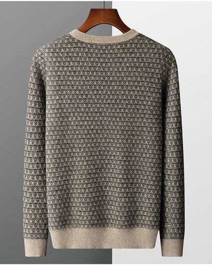 Men's Jacquard Striped 100% Pure Cashmere Pullover Sweater Autumn and Winter Thick base Sweater Casual Warm Clothing Men's Tops