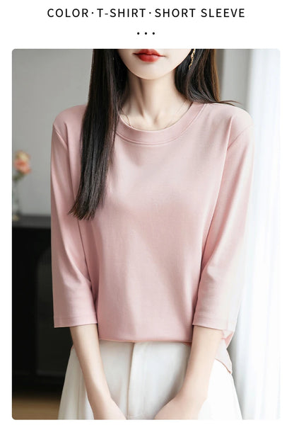 Spring And Summer New White Mercerized Cotton Short Sleeve T-Shirt Feminine Joker Cotton Cropped Sleeve Bottoming Shirt