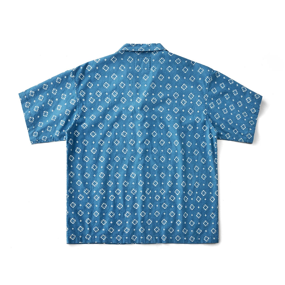 Vintage Indigo Print Shirt Men Summer New Blue Dyed Cuban Lapel Short Sleeve Single Breasted Shirt Cotton Casual Cardigan Tops
