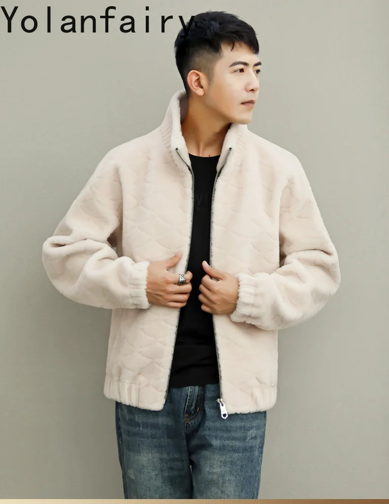 YOLANFAIRY Winter 100% Sheep Shearing Jacket Man Clothing Fashion Stand Collar Granular Lamb Fur Coat Men's Jackets chaqueta