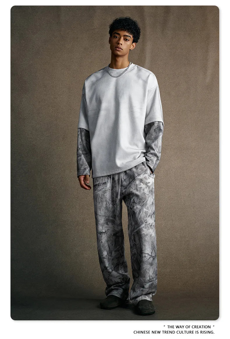 Custom LOGO Men's 2025 Autumn New 340G fleece-lined Fake Two-piece Camouflage Sweater T-Shirt Casual Pants Set