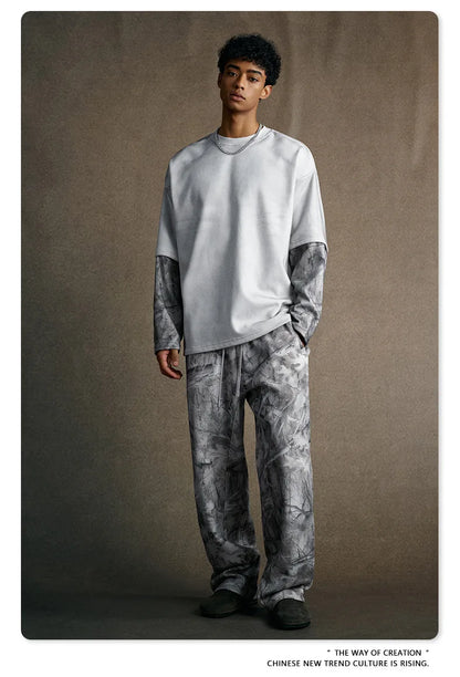 Custom LOGO Men's 2025 Autumn New 340G fleece-lined Fake Two-piece Camouflage Sweater T-Shirt Casual Pants Set