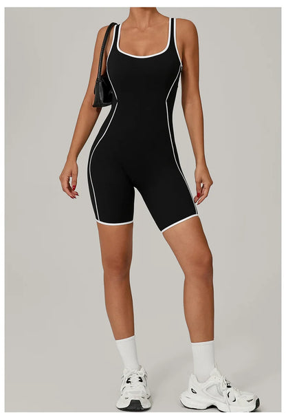 TRY TO BN Yoga Jumpsuit Sports Hollow Back Breathable Contrasting Color Bodysuit Fitness One Piece Set Running Gym Woman Clothes
