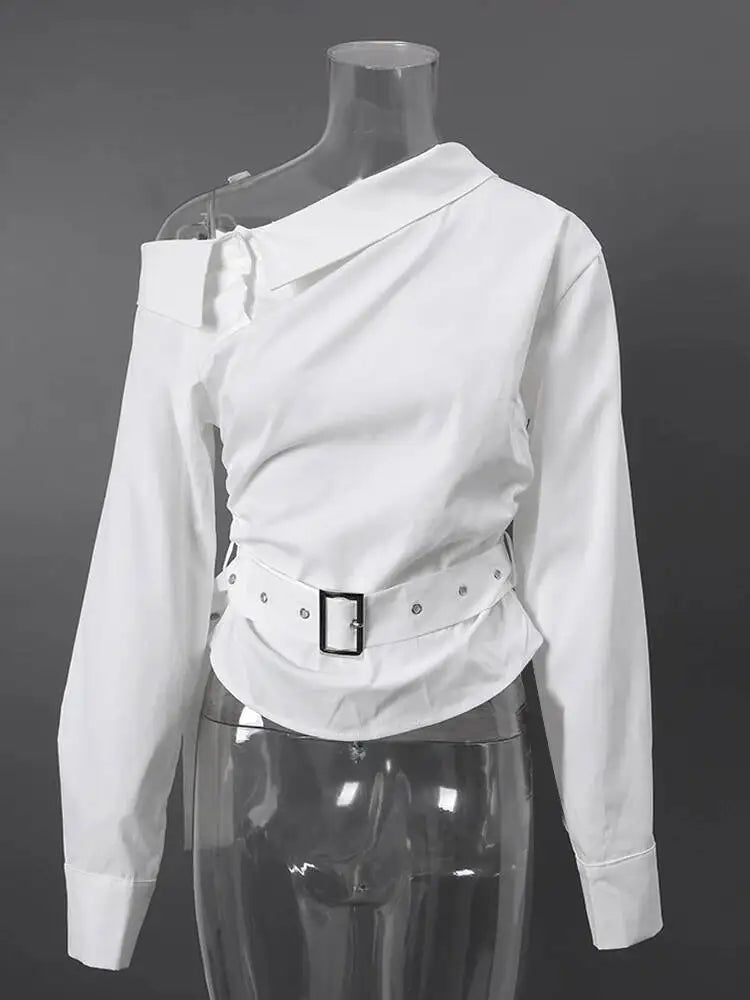 DEAT Fashion Belted Waist Shirt Women's One Shoulder Asymmetrical Collar Long Sleeve White Blouse Sumemr New