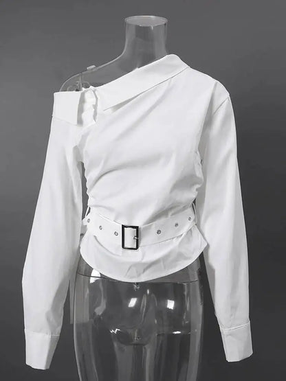 DEAT Fashion Belted Waist Shirt Women's One Shoulder Asymmetrical Collar Long Sleeve White Blouse Sumemr New