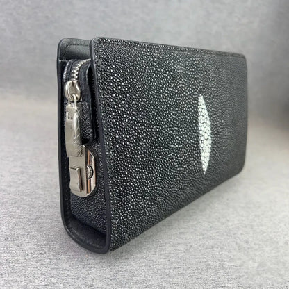Authentic Sand Polish Stingray Skin Business Zip Lock Wristlet Clutch, Genuine Exotic Leather Black Card Purse for Men