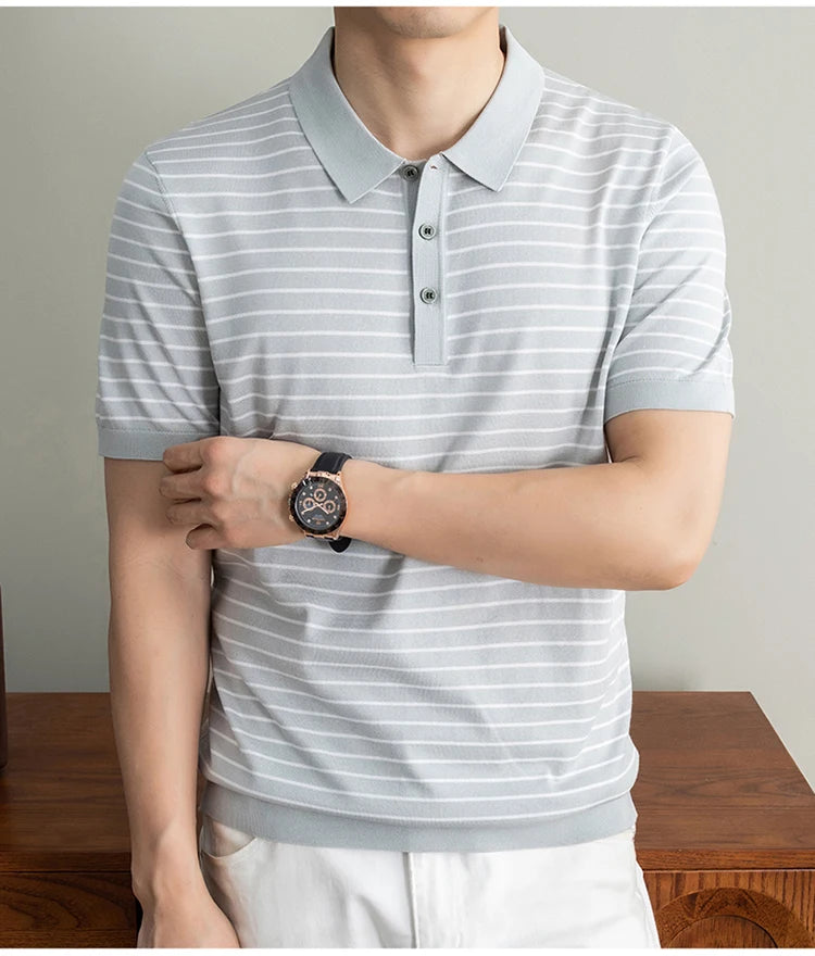 Men's Lyocell shirt summer new casual striped short sleeved T-shirt Polo collar breathable comfortable knitted pullover