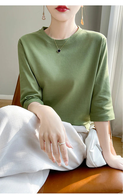 Spring And Summer New White Mercerized Cotton Short Sleeve T-Shirt Feminine Joker Cotton Cropped Sleeve Bottoming Shirt