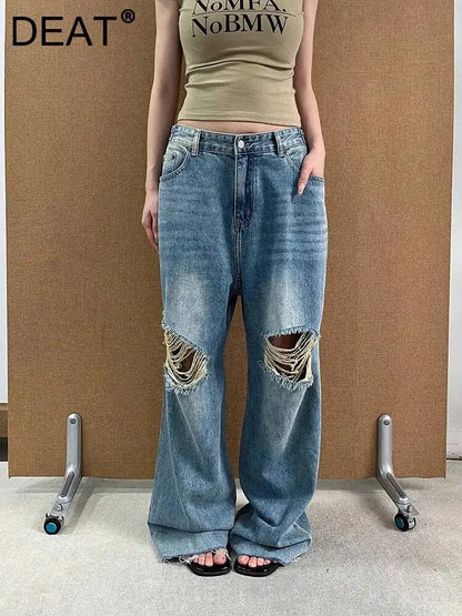 DEAT Fashion Ripped Straight Blue Jeans Women's High Waist Streetwear Denim Pants Summer New 7A4060