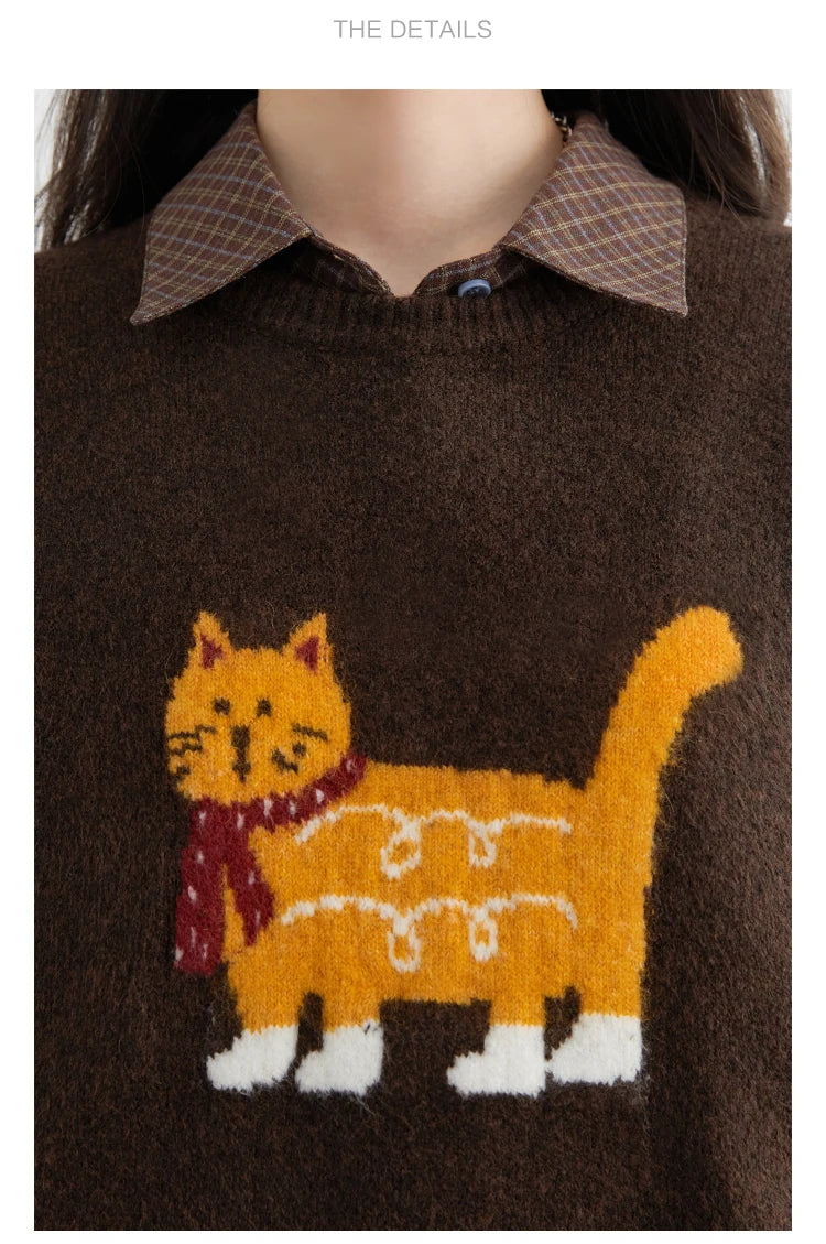 CHIC VEN New Women Sweaters Loose Casual O Neck Cartoon Cat Female Knitted Jumpers Pullovers for Girl Autumn Winter 2025