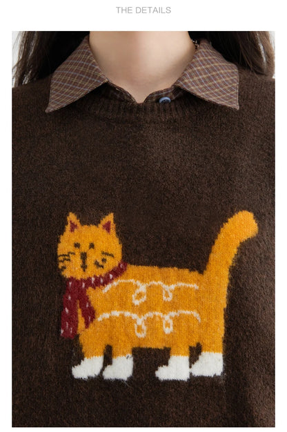 CHIC VEN New Women Sweaters Loose Casual O Neck Cartoon Cat Female Knitted Jumpers Pullovers for Girl Autumn Winter 2025