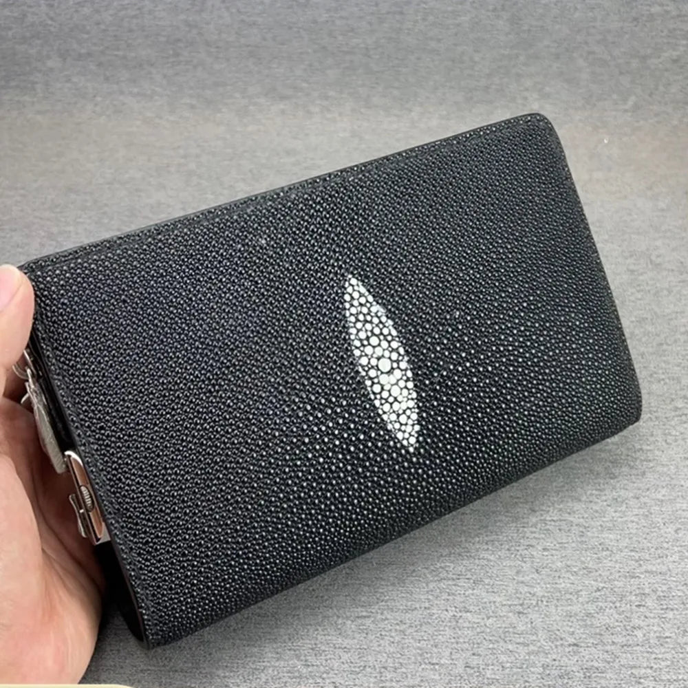 Authentic Sand Polish Stingray Skin Business Zip Lock Wristlet Clutch, Genuine Exotic Leather Black Card Purse for Men