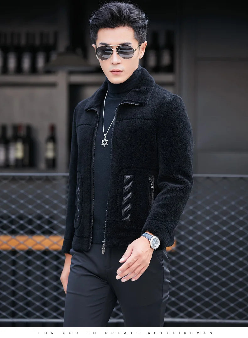 YOLANFAIRY Genuine Leather Men Sheep Sheared Grain Lamb Fur Coat Men Real Woolen Jackets Men's Clothing Mens Fur Jacket Coat