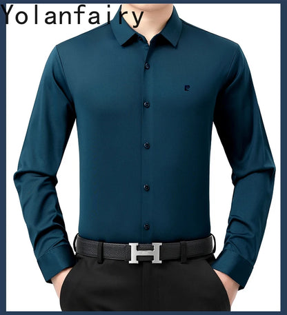 YOLANFAIRY 100% Mulberry Silk Long Sleeve Shirt Man Spring Autumn Casual Silk Mens Shirts Warm Male White Shirt chemises hommes