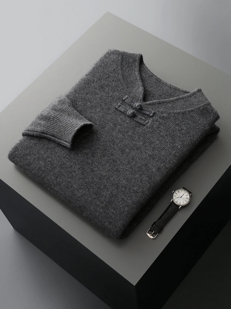 New Chinese Style Men's Pullover 100% Pure Wool Knit Sweater Autumn Winter Retro Stand Collar Long Sleeve Fashion Cashmere Tops