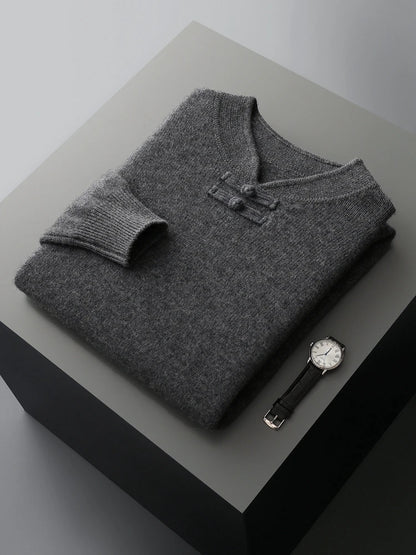 New Chinese Style Men's Pullover 100% Pure Wool Knit Sweater Autumn Winter Retro Stand Collar Long Sleeve Fashion Cashmere Tops