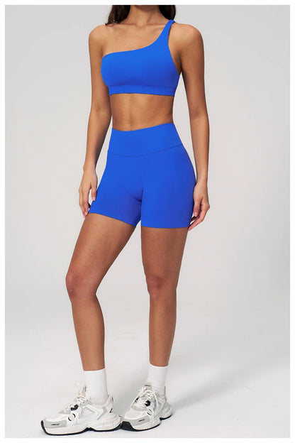 TRY TO BN Seamless Two Pieces Women's Tracksuit Yoga Shorts Set One-shoulder Hollow Backless Fitness Running Workout Gym Clothes