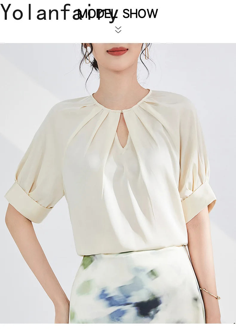 YOLANFAIRY 100% Real Mulberry Silk T Shirts for Women Summer 2026 Short Sleeve Tops O-neck Elegant Blouse Woman Tee Shirt Femme