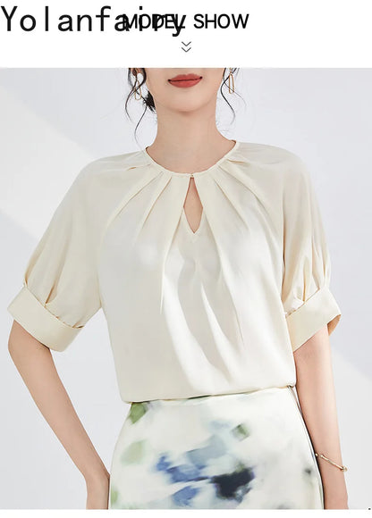 YOLANFAIRY 100% Real Mulberry Silk T Shirts for Women Summer 2026 Short Sleeve Tops O-neck Elegant Blouse Woman Tee Shirt Femme