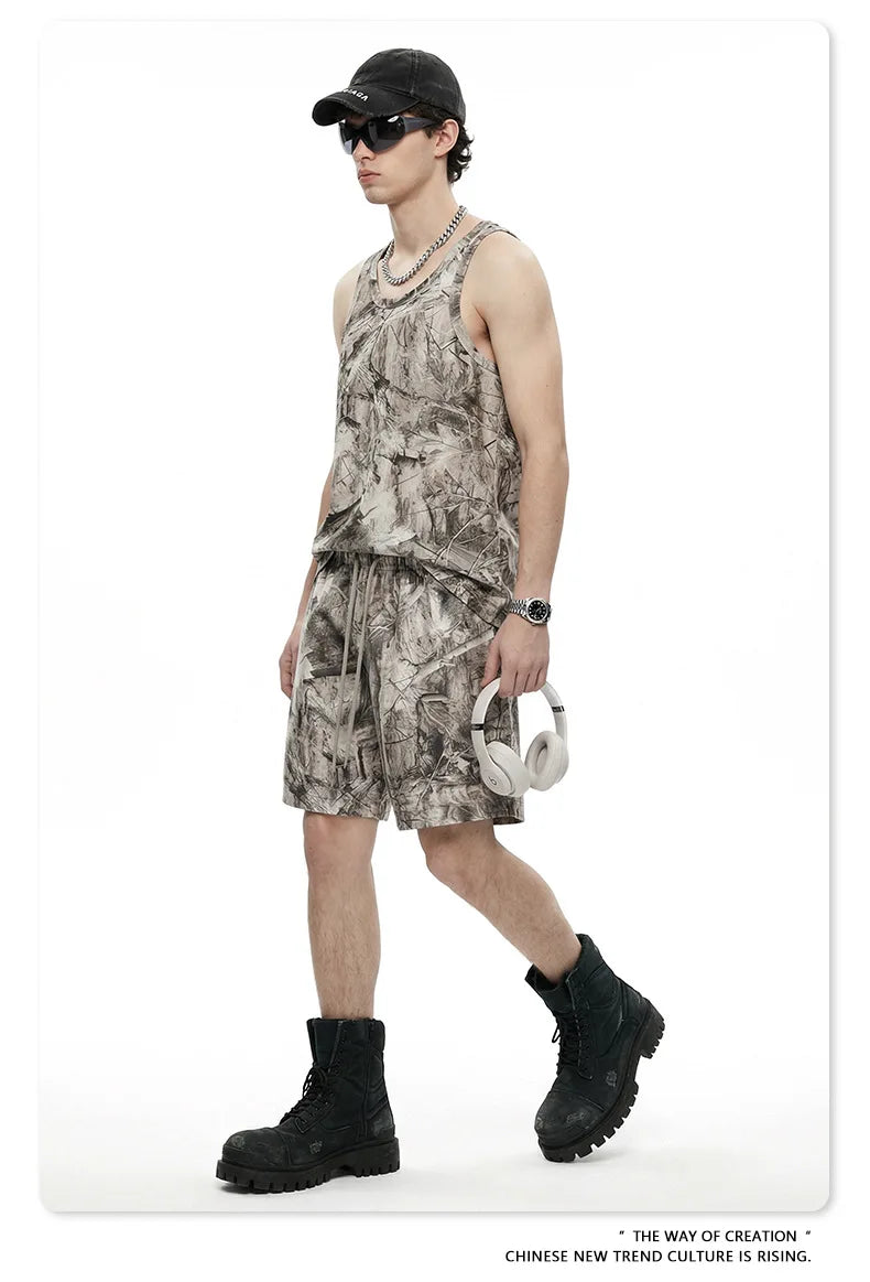 Custom LOGO men's 315G cotton polyester summer American street camouflage loose sports vest shorts outdoor fitness set