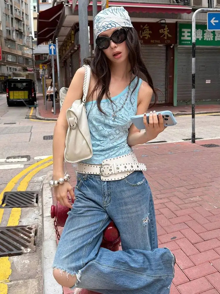 DEAT Fashion Distressed Ripped Wide Leg Jeans Women's Low Waist Frayed Hem Blue Denim Pants Summer New 7A4508