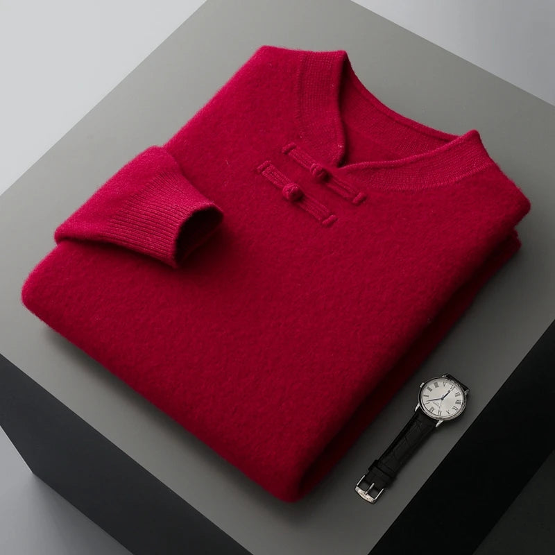 New Chinese Style Men's Pullover 100% Pure Wool Knit Sweater Autumn Winter Retro Stand Collar Long Sleeve Fashion Cashmere Tops