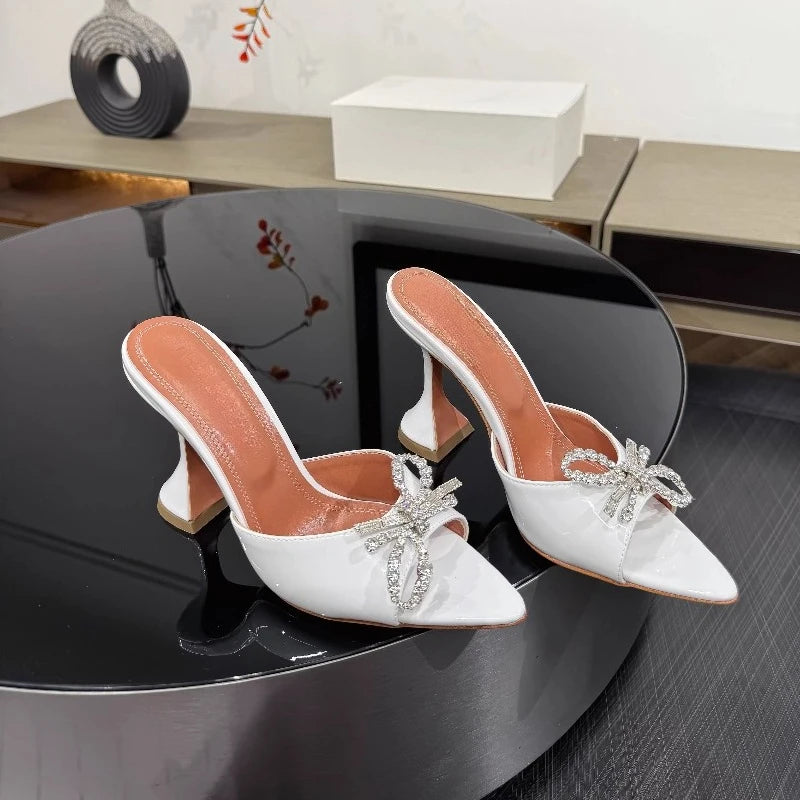 New Bow Rhinestone High-heeled Sandals Sexy Open-toed Fish Mouth Pointed Rear Empty Cool Slippers Women