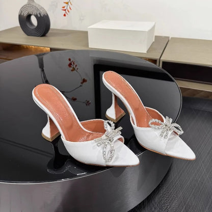 New Bow Rhinestone High-heeled Sandals Sexy Open-toed Fish Mouth Pointed Rear Empty Cool Slippers Women