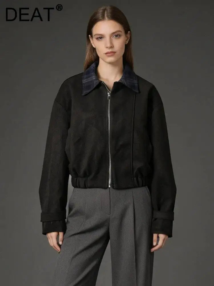 DEAT Fashion Cropped Bomber Jacket Women's Plaid Collar Loose Black Zipper Outerwear Short Coat Spring Autumn New