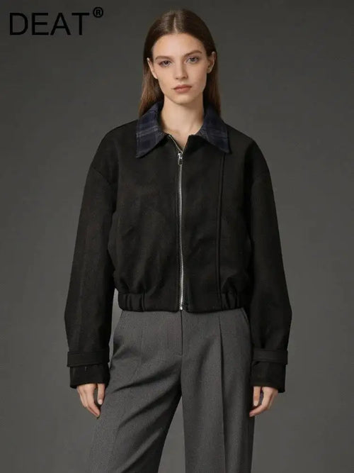 DEAT Fashion Cropped Bomber Jacket Women's Plaid Collar Loose Black Zipper Outerwear Short Coat Spring Autumn New