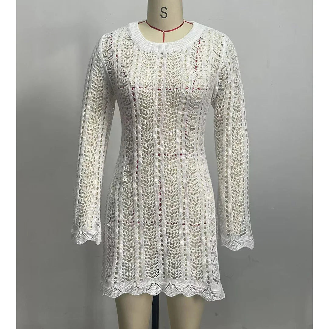 4 Colors Long Sleeve Backless Crochet Knitted Tunic Beach Cover Up Cover-ups Beach Dress Beach Wear Beachwear Female Women V5692