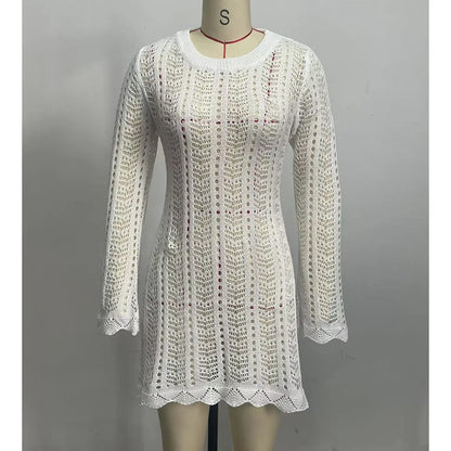 4 Colors Long Sleeve Backless Crochet Knitted Tunic Beach Cover Up Cover-ups Beach Dress Beach Wear Beachwear Female Women V5692
