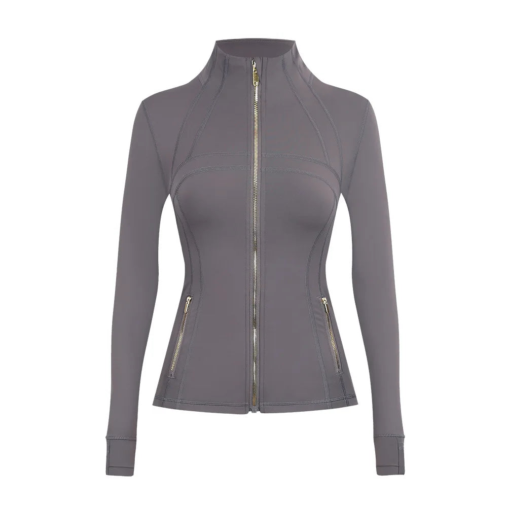 Personalized LOGO custom women's gold zip jacket tight stand-up collar quick-drying fitness running yoga suit 41-color S-3XL top