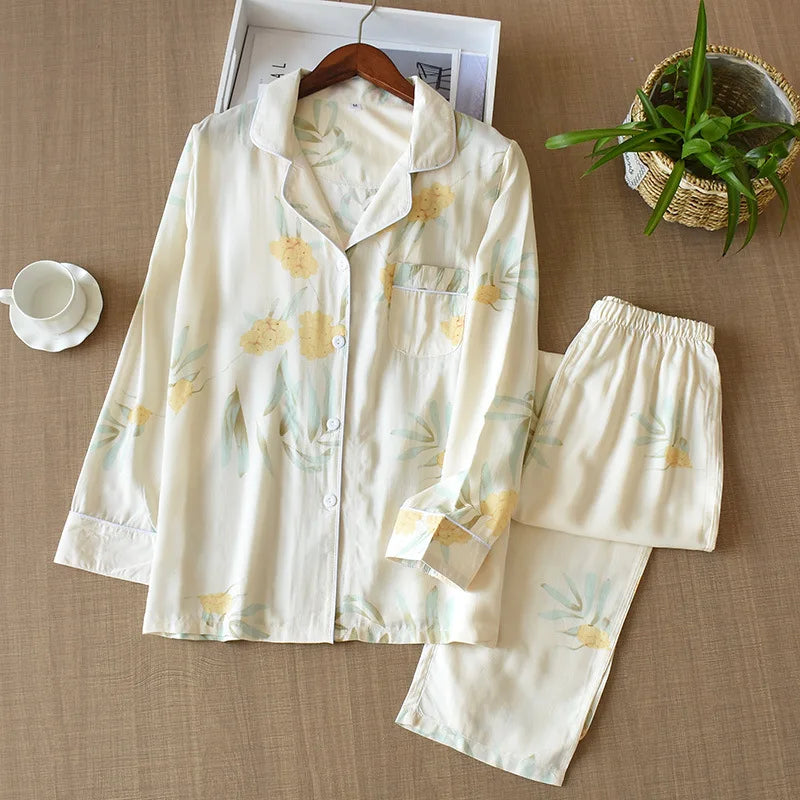 Spring and summer new 100% viscose pajamas two-piece long-sleeved trousers women's flowers comfortable plus size homewear suit