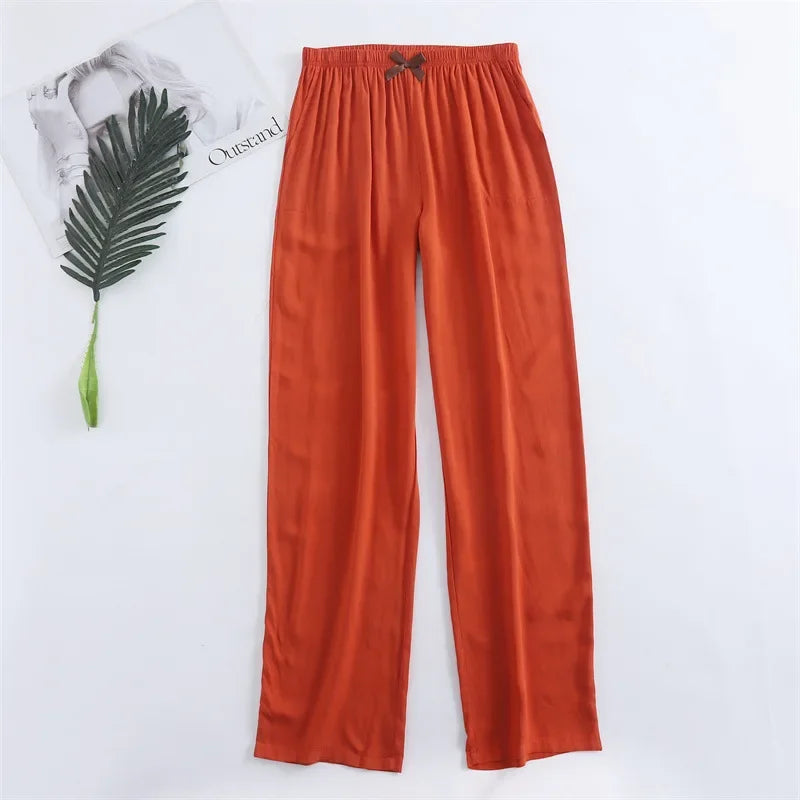 Spring and summer new women's trousers 100% viscose leg + straight casual breathable comfortable plus size home sleep pants cute