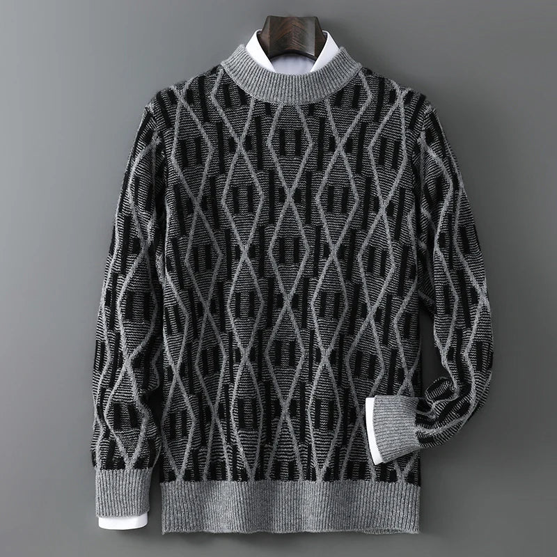 New 100% Pure Wool Cashmere Men's Mock-Neck Pullover Autumn And Winter Color Matching Top Casual Thick Fashion Large Size Jacket