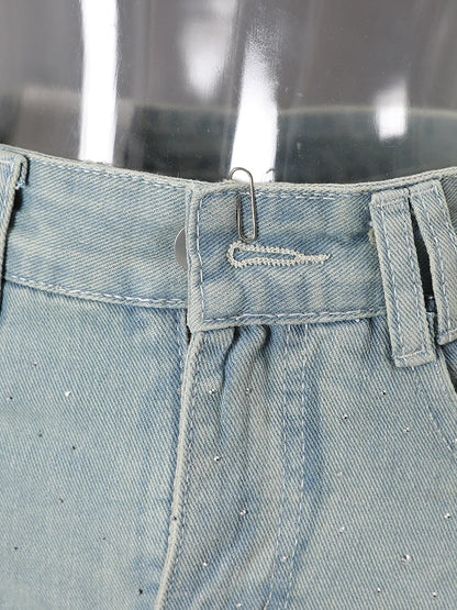 DEAT Fashion Star Rhinestone Denim Mini Skirt Women's High Waist Light Blue Gradient Wash Skirts Summer New