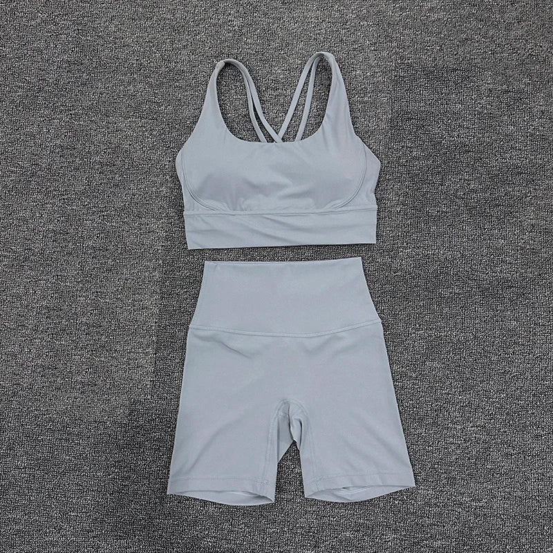 SOISOU Nylon Gym Yoga Set Women's Tracksuit Cycling Shorts Set Tight Elastic Short Chest Pad Removable Bra Womens Clothing