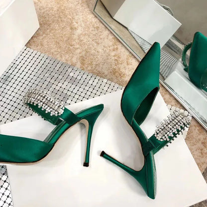 Women's 2022 Pump Summer New Rhinestone Chain Slippers High Heels Stiletto Pointed Shallow Mouth Silk Sandals Outer Wear