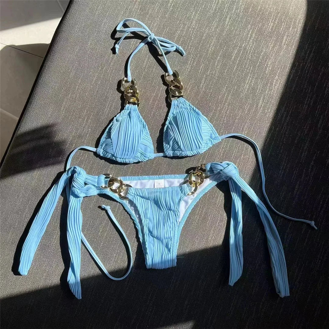 Metal Rings Halter Wrinkled Bikini Female Swimsuit Women Swimwear Two-pieces Bikini set Bather Bathing Suit Swim Lady V4149SW