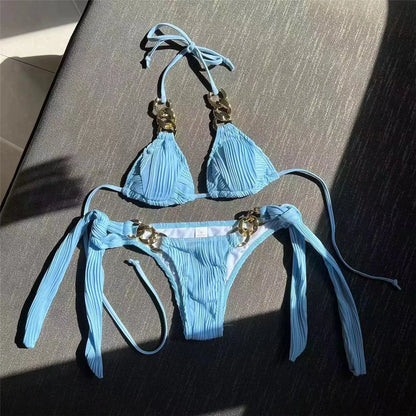 Metal Rings Halter Wrinkled Bikini Female Swimsuit Women Swimwear Two-pieces Bikini set Bather Bathing Suit Swim Lady V4149SW