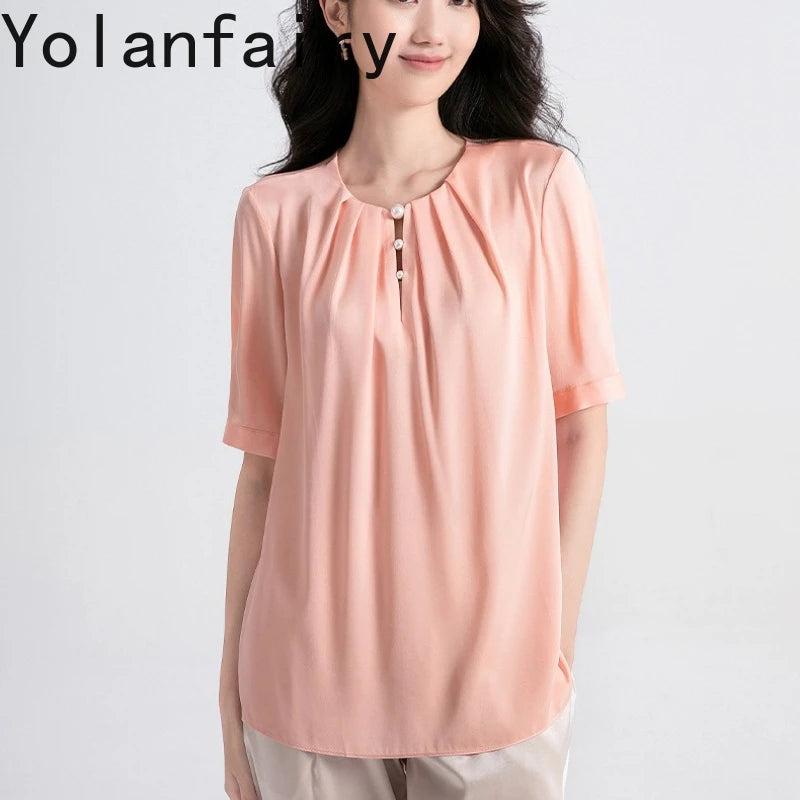 YOLANFAIRY 100% Natural Mulberry Silk T Shirts Woman Clothing 2026 Summer Loose Fashion T Shirt Elegant Womens Tops Short Sleeve