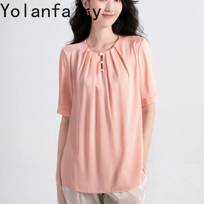 YOLANFAIRY 100% Natural Mulberry Silk T Shirts Woman Clothing 2026 Summer Loose Fashion T Shirt Elegant Womens Tops Short Sleeve