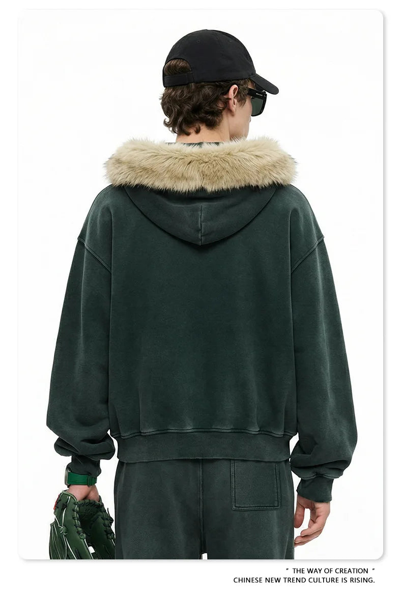Custom LOGO Men's 400G Autumn Winter Retro Washed Boxy Fleece Collar Plush Thickened  Hooded  Zipper Jacket Couple style set